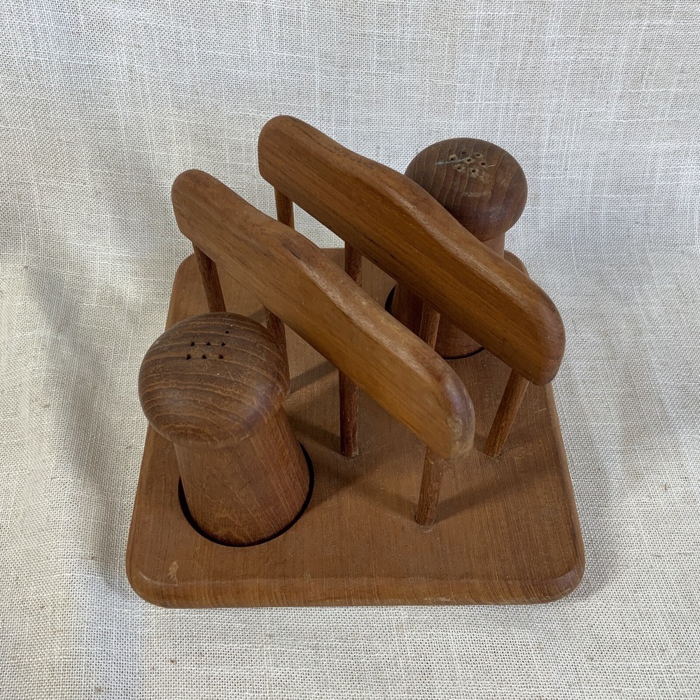 VTG Danish Modern Genuine Teak Wood Salt and Pepper Shakers with Napkin Holder